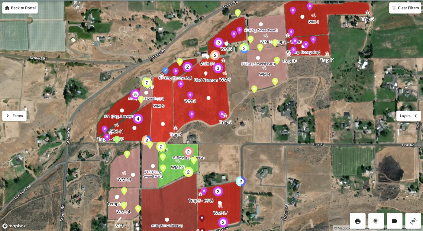 Harvest Engine desktop map view showing orchard block boundaries, moisture readings, and trap locations